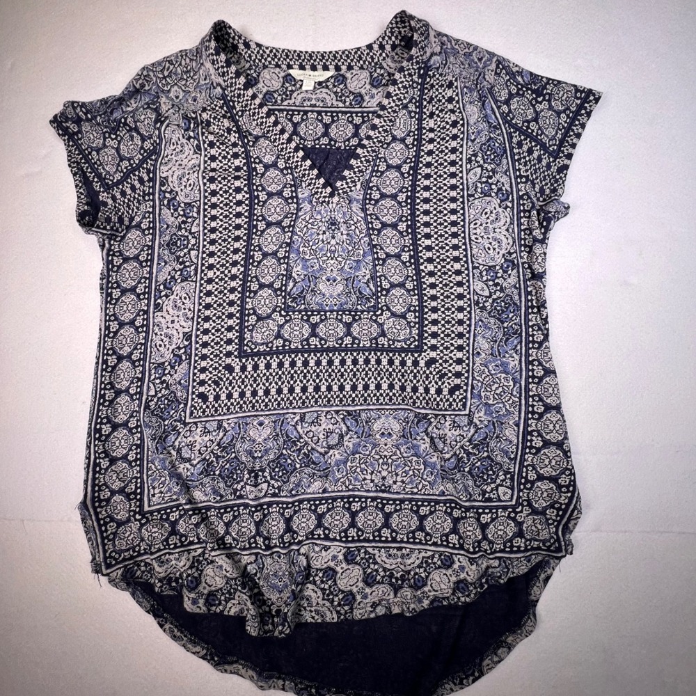 Lucky Brand Blue White Paisley Medallion Boho Split V-Neck Blouse Large